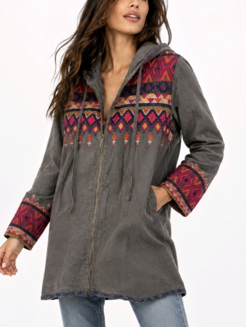 Johnny Was Reid Hoodie Gray Linen Embroidered Size S NEW